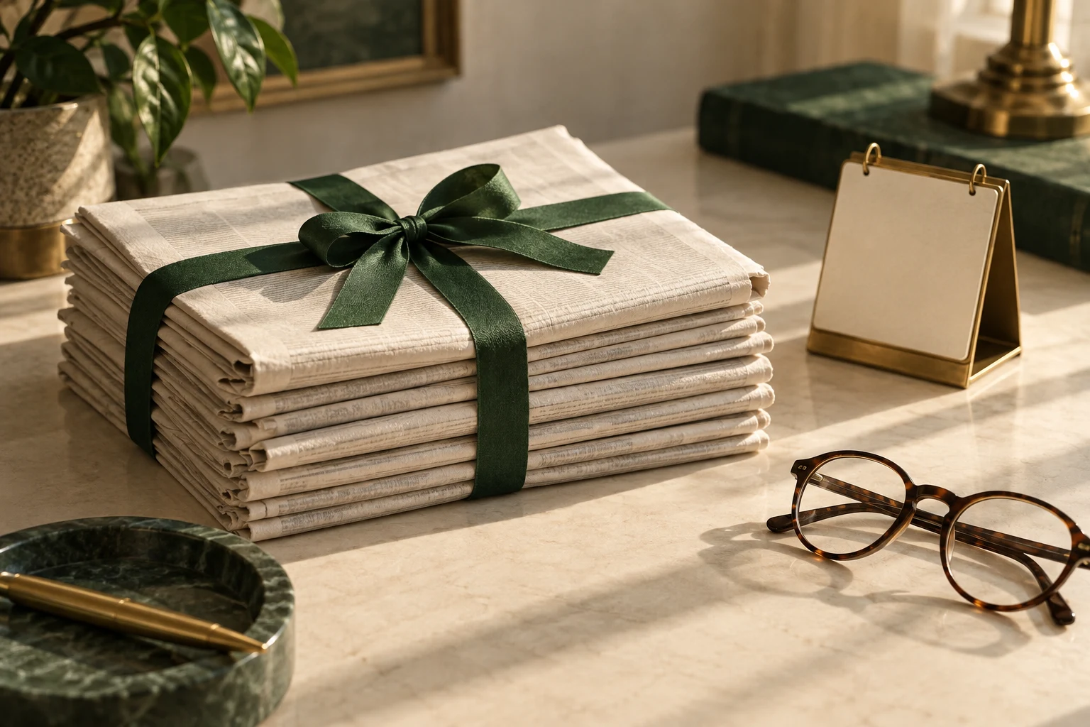 Pilha de jornais com fita verde, calendário de mesa e óculos de leitura.