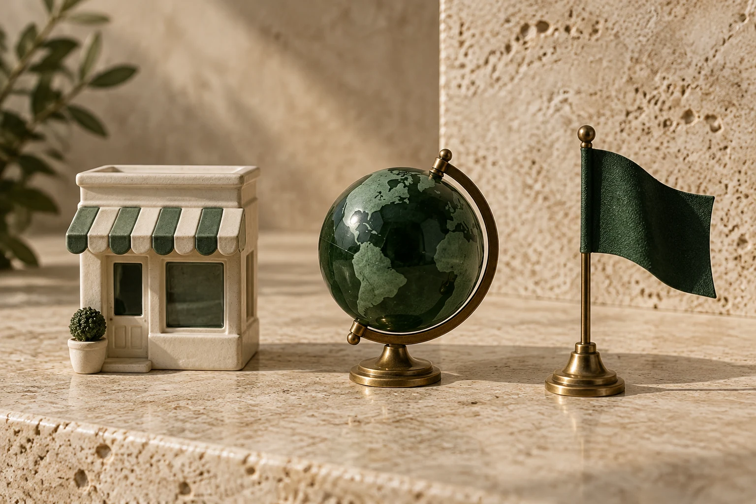 Miniaturas de uma loja, um globo e uma bandeira verde lado a lado.