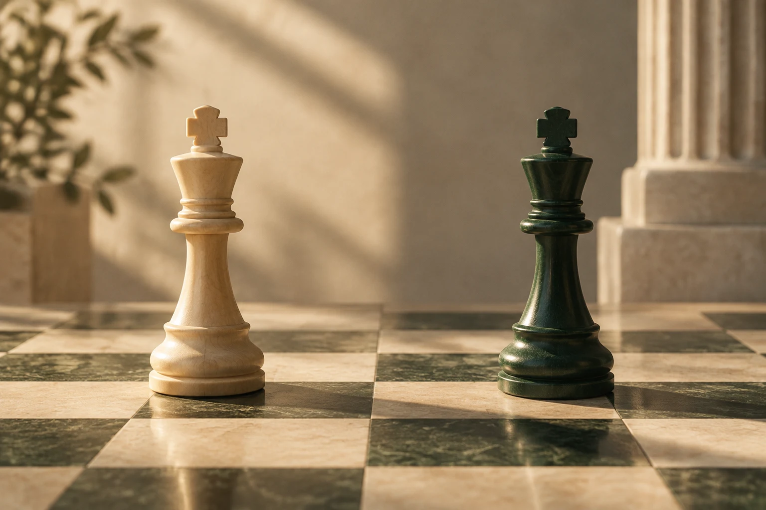 Dois reis de xadrez, um claro e um verde, frente a frente no tabuleiro.