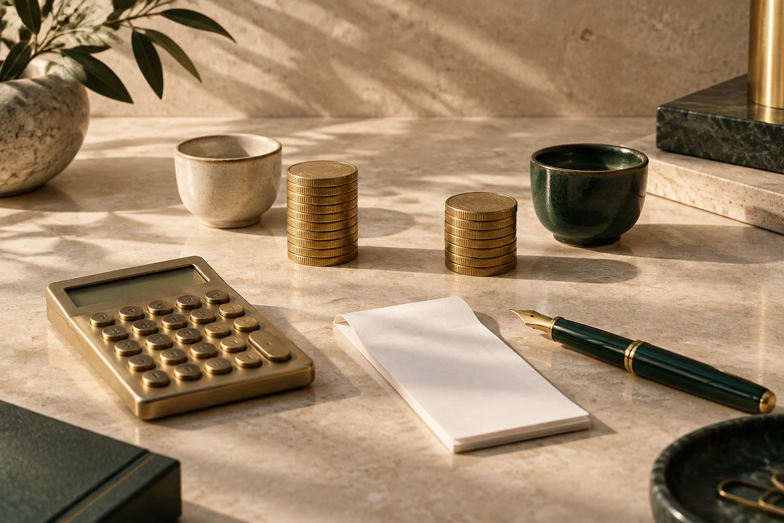 Calculadora, duas pilhas de moedas e um recibo sobre a mesa.